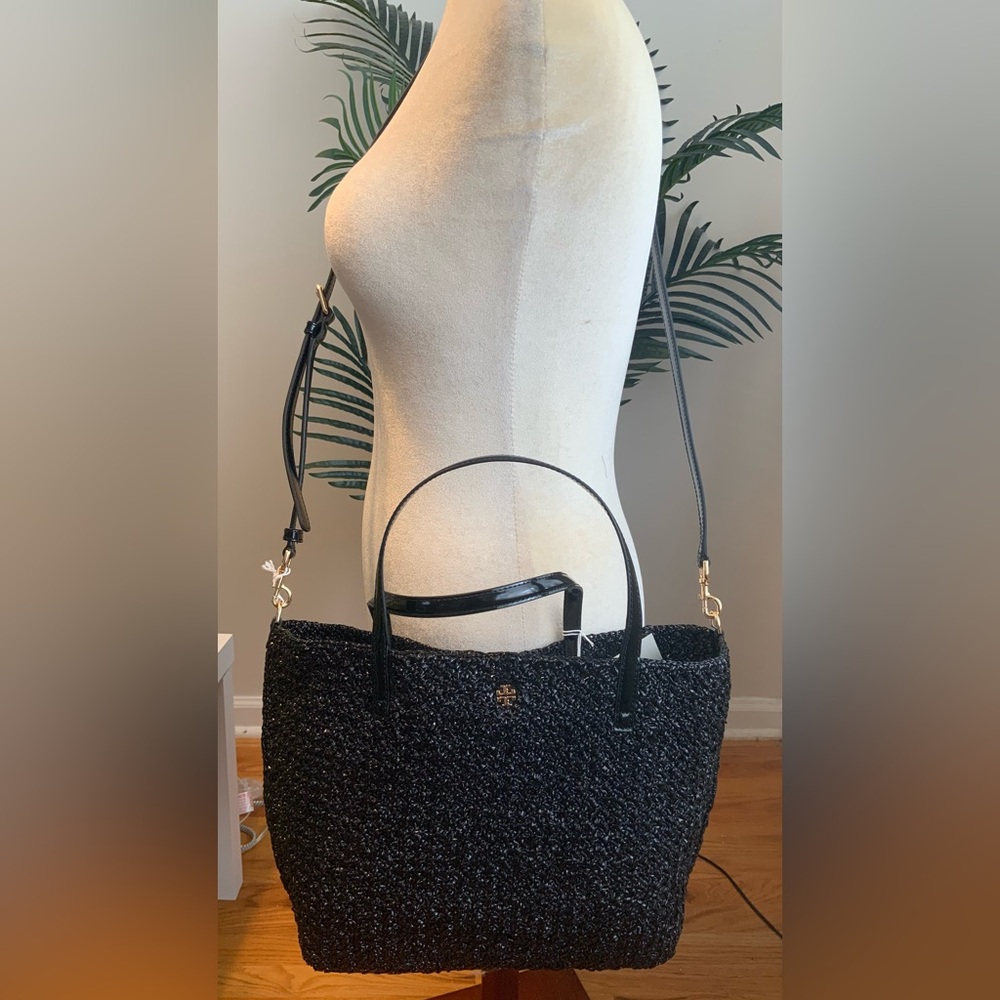 NWT TORY BURCH EMERSON LACQUERED RAFFIA TOTE W/LEATHER POUCH - Picture 8 of 11